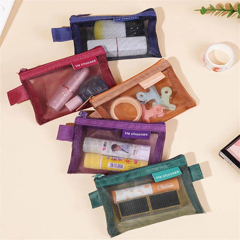 Portable Mini Zipper Square Mesh Storage Bag Transparent Stationery Pen Case Zipper Cosmetic Bag Travel Square Coin Purse Pouch