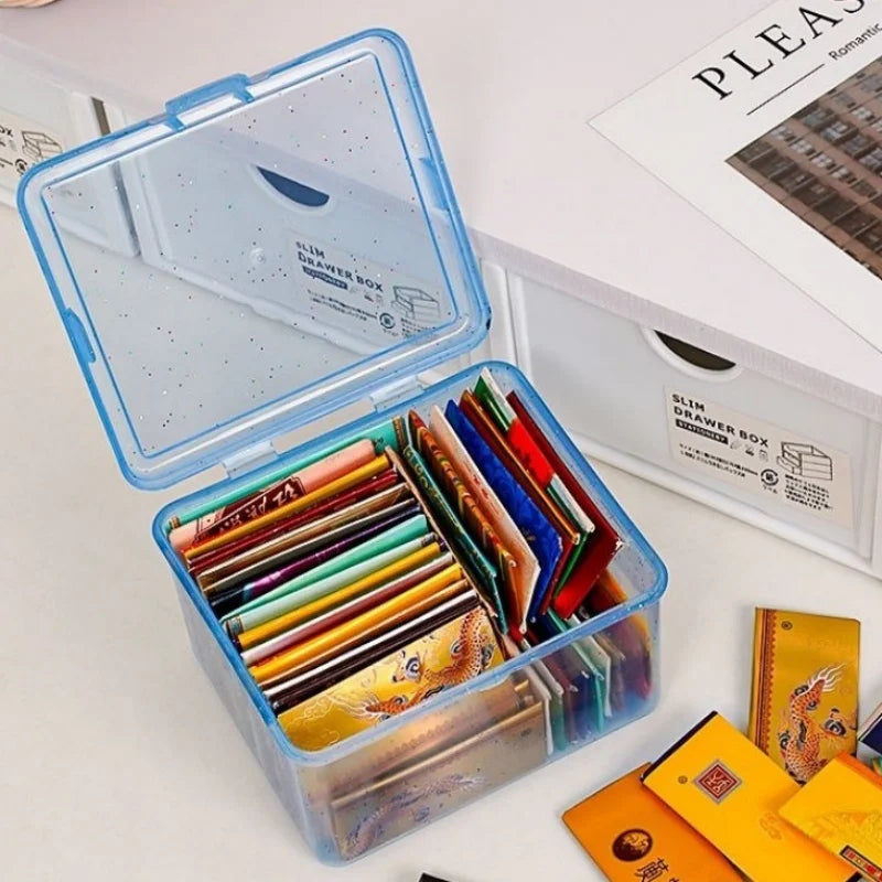 Transparent Glitter Plastic Storage Box Photocards Small Photo Card Box Desk Organizer Box Classification Flip Case Stationery