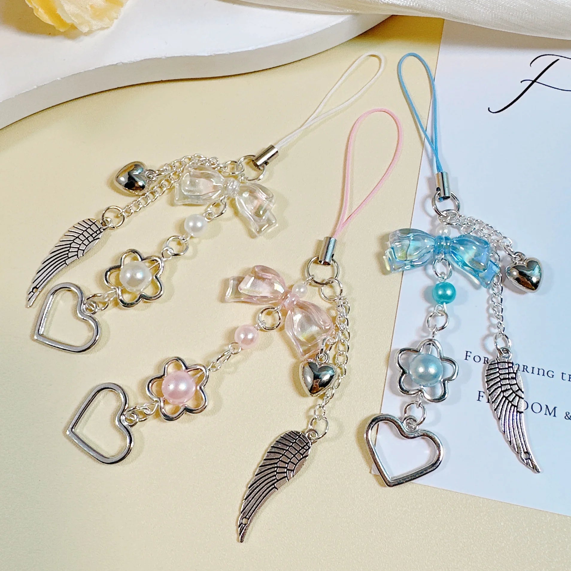 Bow Heart Wing Pendant Phone Chain Bag Charm Handmade Key Chain Charm for Women Girls