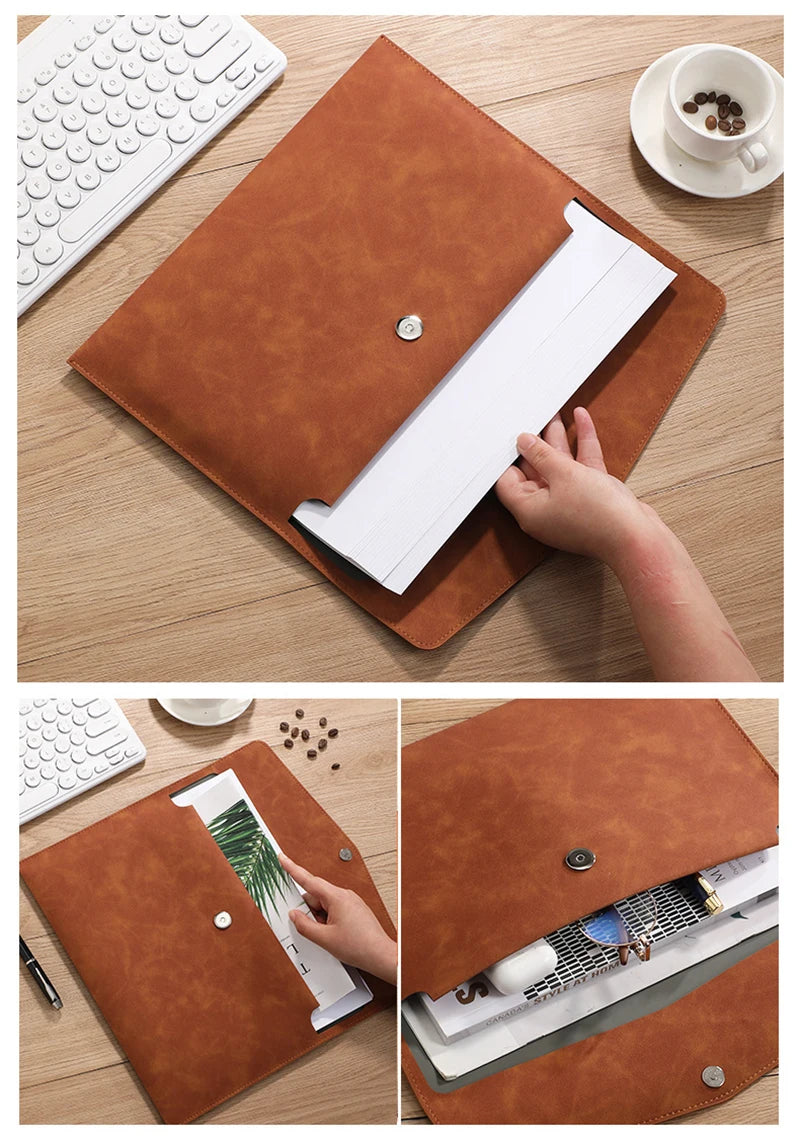 A4 Leather File Folder Data Package Document Bag Waterproof Paper Organizer Storage Bag School Office Stationery