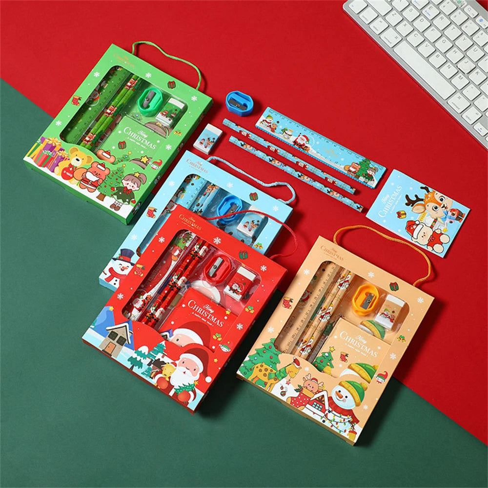 1pc Christmas Stationery Set Kids Cartoon Pencils Eraser Ruler Memo Pads Pencil Knife Set School Supplies Back To School Gift