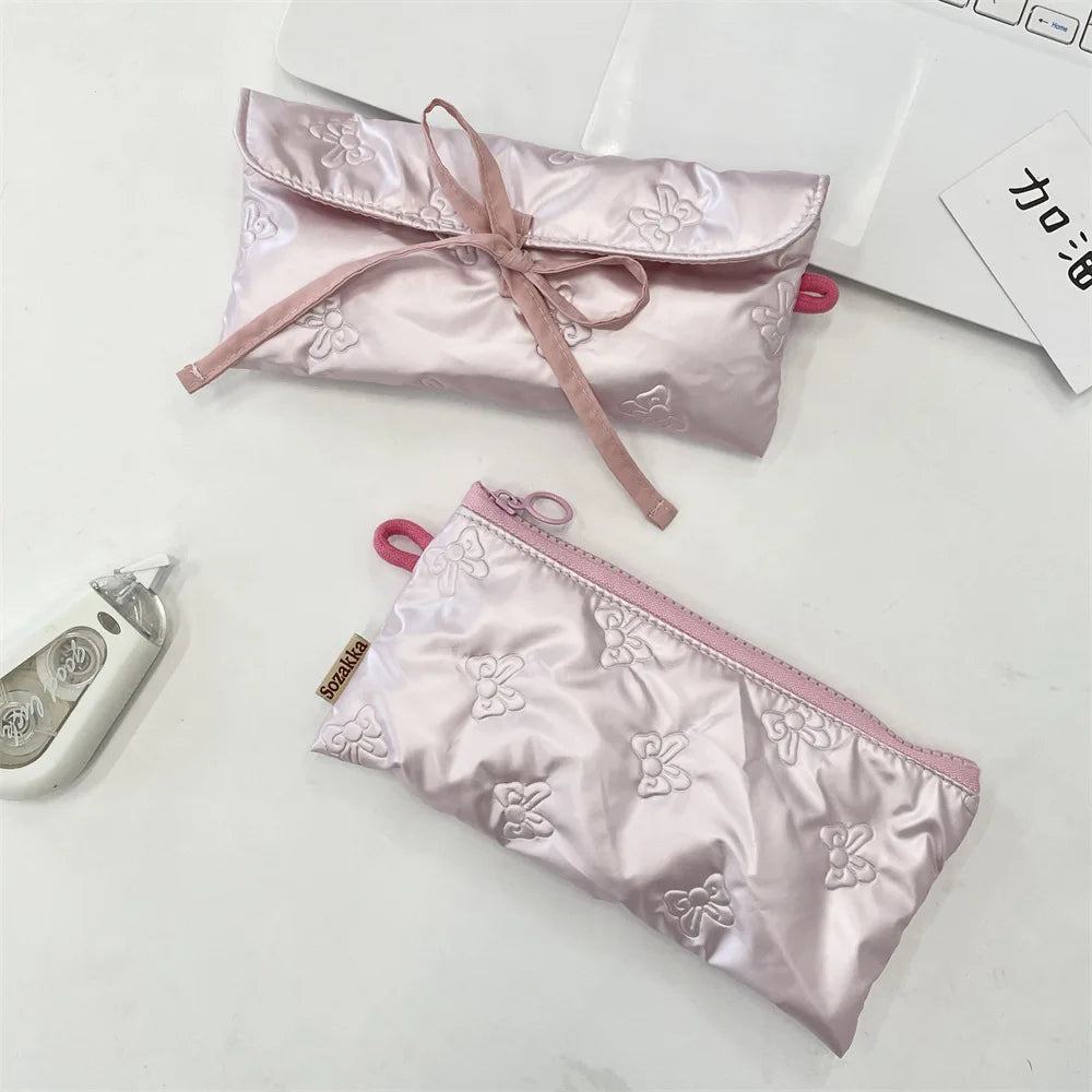 Silver Lingge Bow Pattern Makeup Bags for Women Fashion Cute Lady Girls Earphone Key Lipstick Cosmetic Storage Bag Zipper Pouch